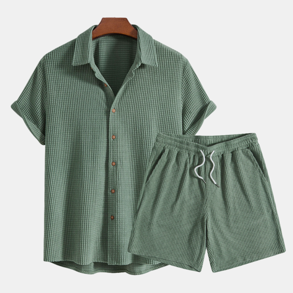 mens-waffle-knit-two-piece-set-with-button-shirt-and-drawstring-shorts-5