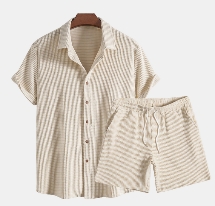 mens-waffle-knit-two-piece-set-with-button-shirt-and-drawstring-shorts-9