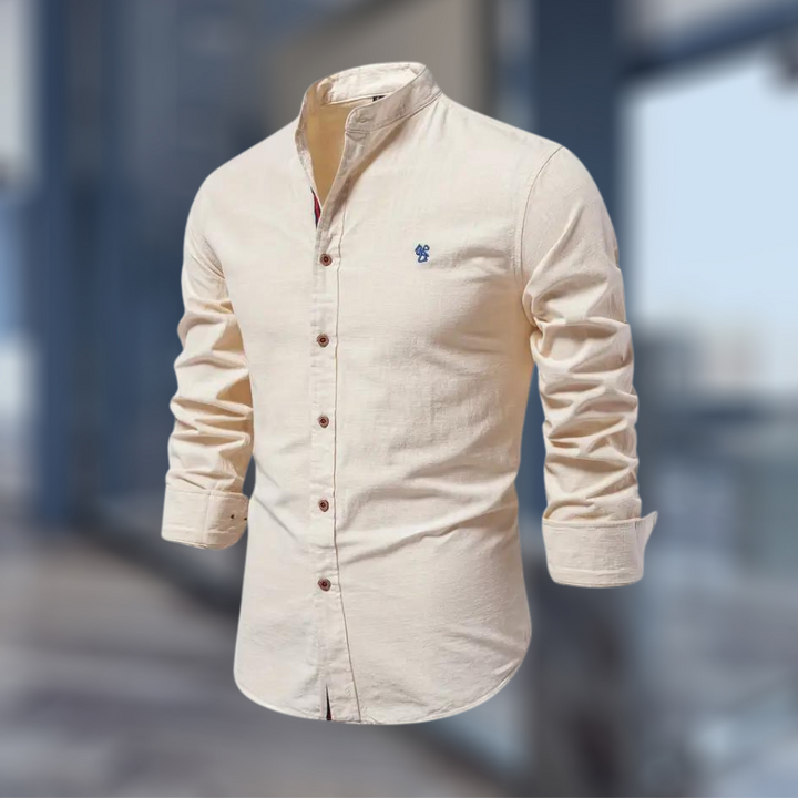 mens-woven-long-sleeve-shirt-with-band-collar-and-embroidered-emblem-4