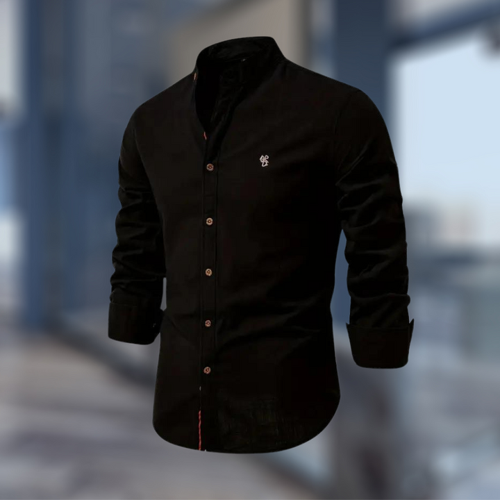 mens-woven-long-sleeve-shirt-with-band-collar-and-embroidered-emblem-7