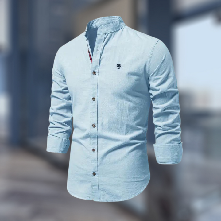 mens-woven-long-sleeve-shirt-with-band-collar-and-embroidered-emblem-8
