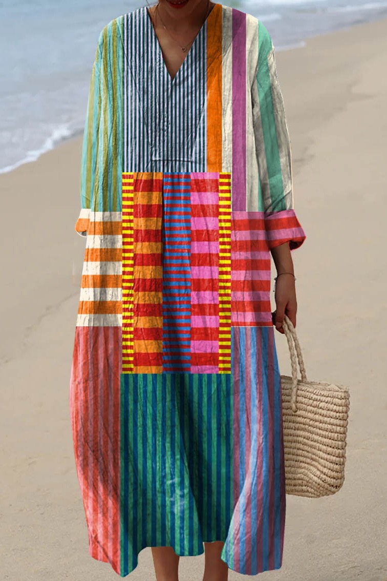 Mia | Women's Color-Blocked Striped V-Neck Midi Dress