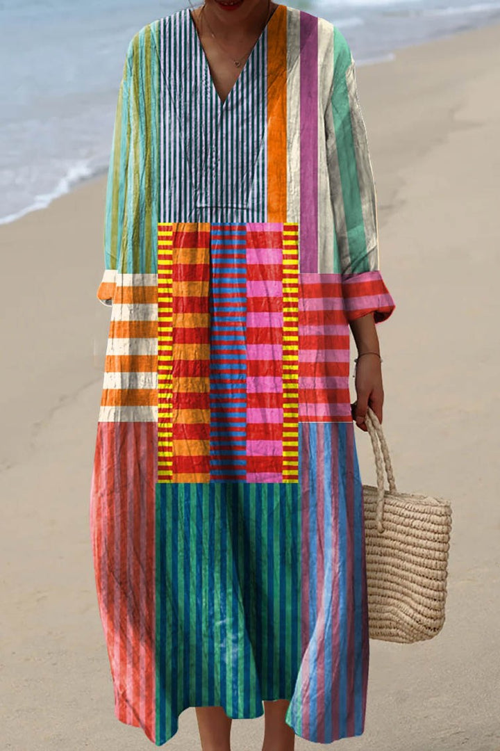 Mia | Women's Color-Blocked Striped V-Neck Midi Dress
