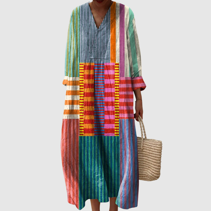 Mia | Women's Color-Blocked Striped V-Neck Midi Dress