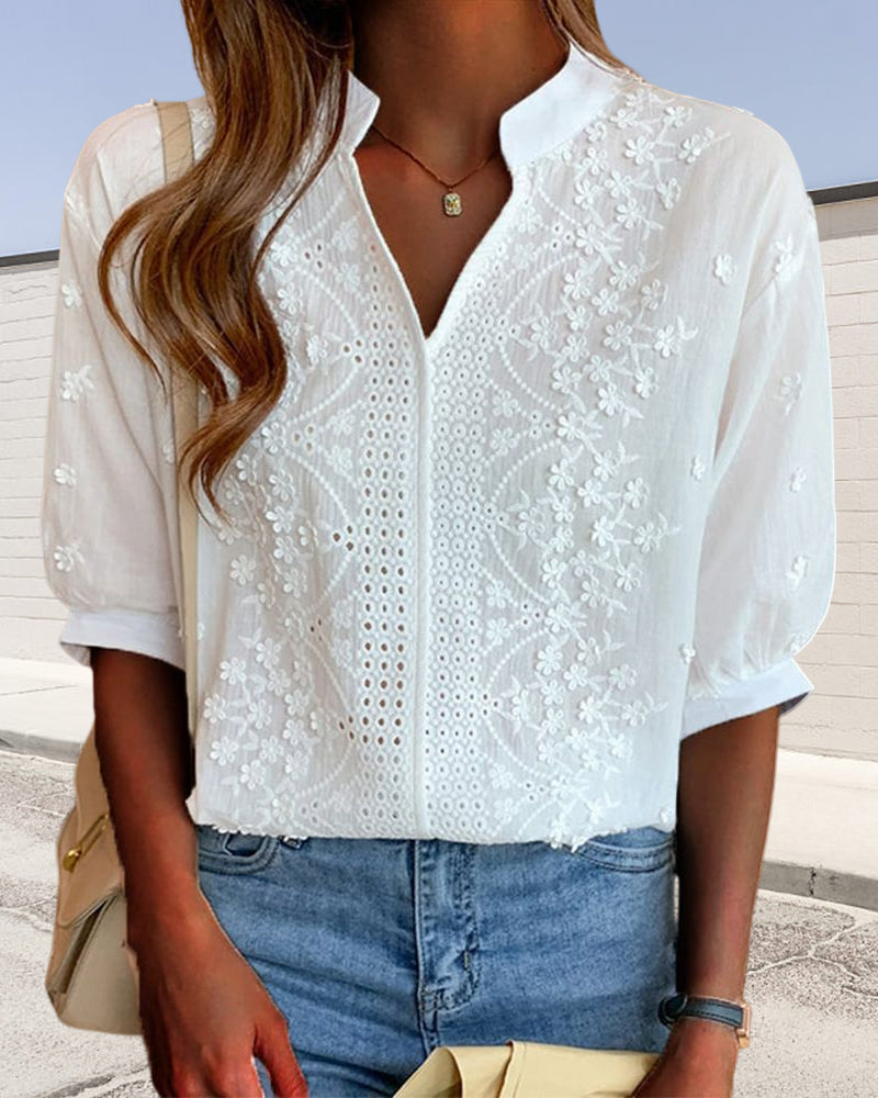 Mila | Women's Embroidered V-Neck Three-Quarter Sleeve Blouse