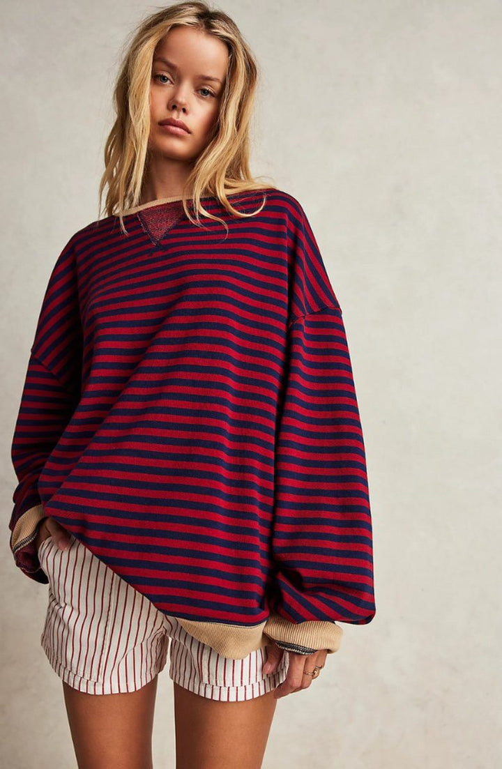 Solenne | Women's Oversized Striped Pullover with Contrast Bands