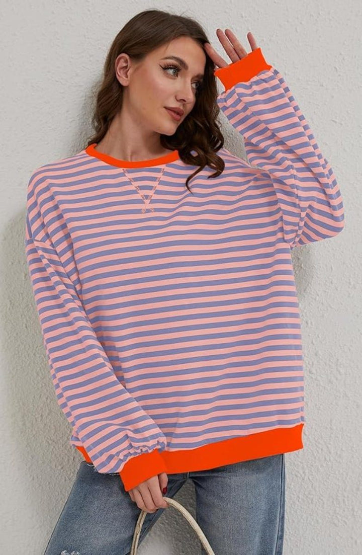 Solenne | Women's Oversized Striped Pullover with Contrast Bands