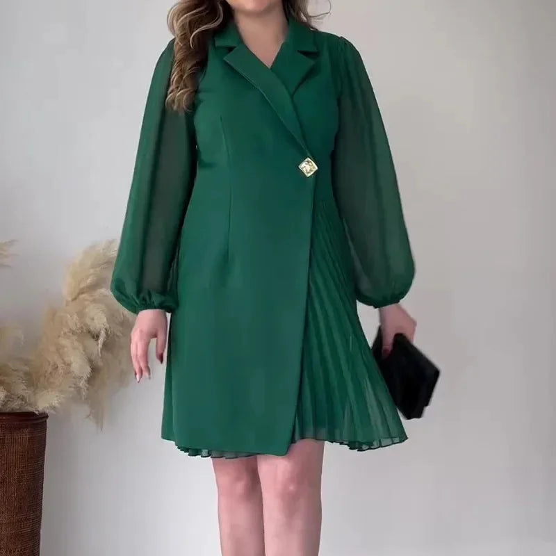 Nantilde | Women's Sheer Sleeve Pleated Shirt Dress