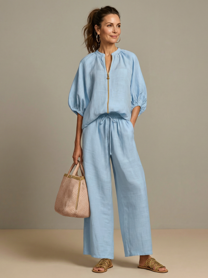 Natalia | Women's Zip Front Blouson Top Wide Leg Set