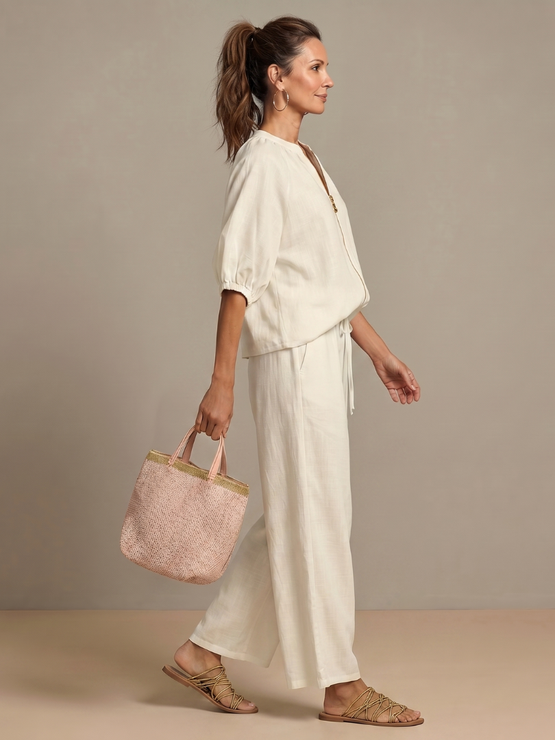 Natalia | Women's Zip Front Blouson Top Wide Leg Set