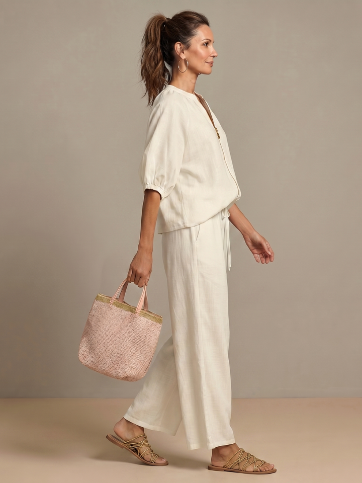 Natalia | Women's Zip Front Blouson Top Wide Leg Set