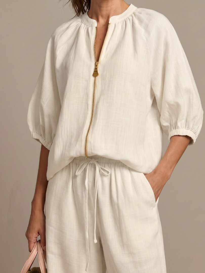 Natalia | Women's Zip Front Blouson Top Wide Leg Set