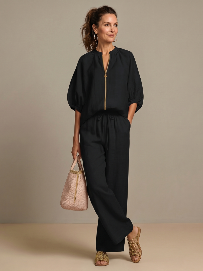 Natalia | Women's Zip Front Blouson Top Wide Leg Set