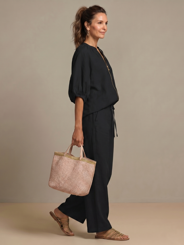 Natalia | Women's Zip Front Blouson Top Wide Leg Set