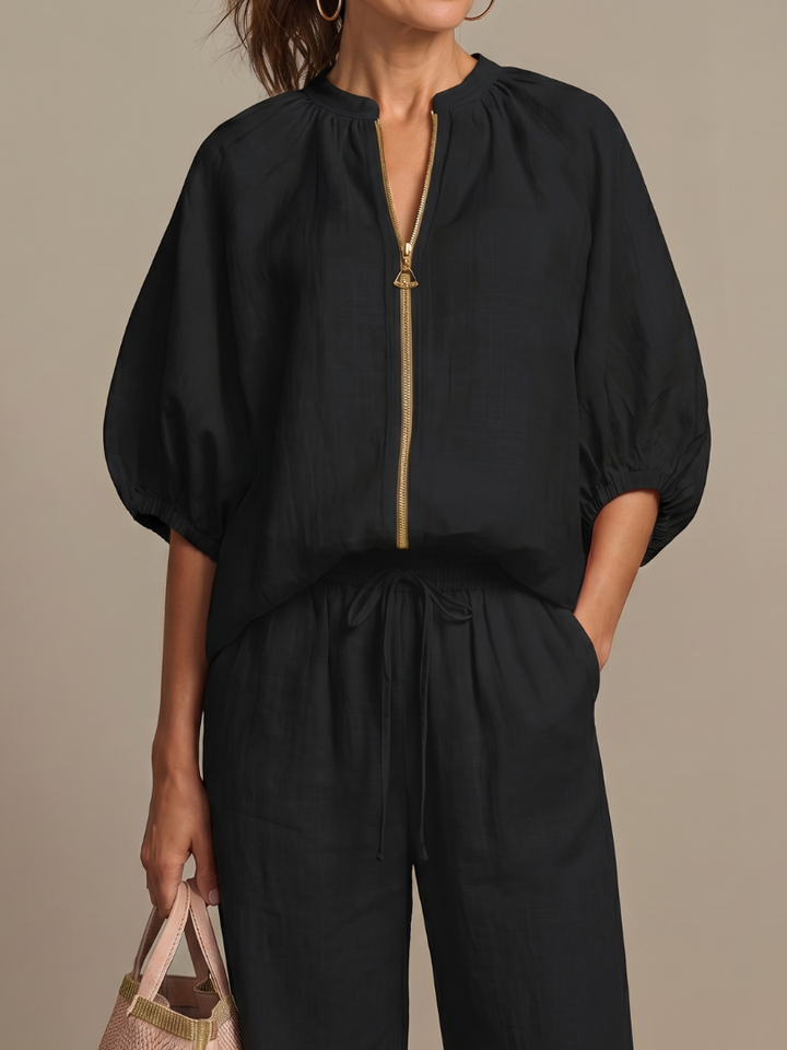 Natalia | Women's Zip Front Blouson Top Wide Leg Set