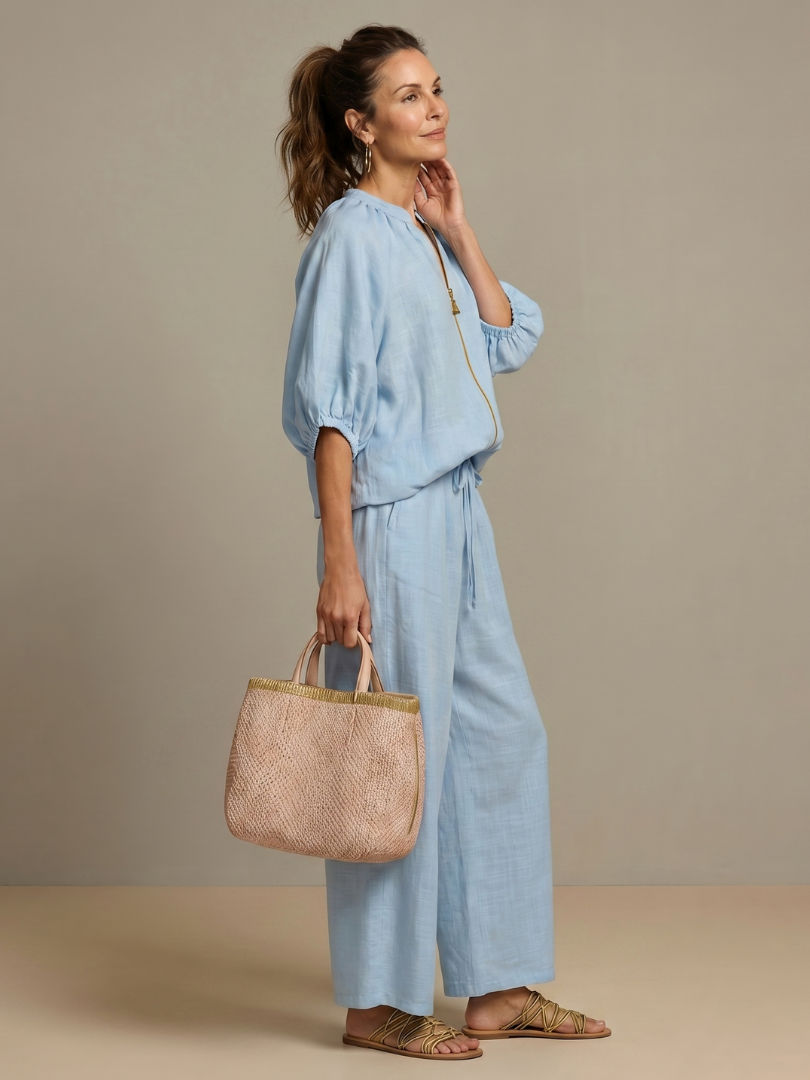 Natalia | Women's Zip Front Blouson Top Wide Leg Set