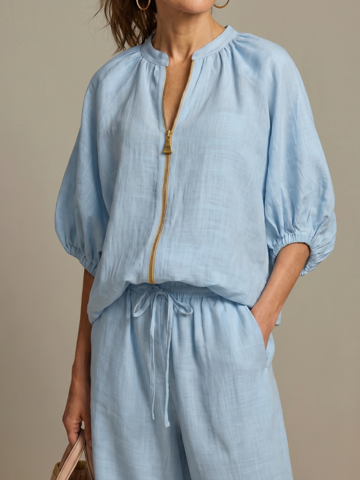 Natalia | Women's Zip Front Blouson Top Wide Leg Set