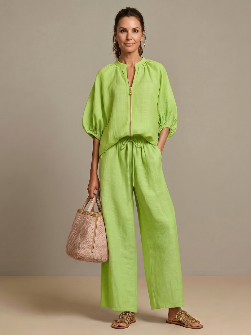 Natalia | Women's Zip Front Blouson Top Wide Leg Set