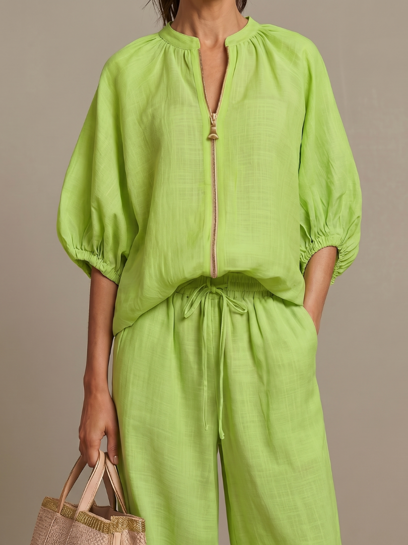 Natalia | Women's Zip Front Blouson Top Wide Leg Set