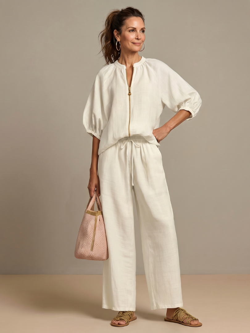 Natalia | Women's Zip Front Blouson Top Wide Leg Set
