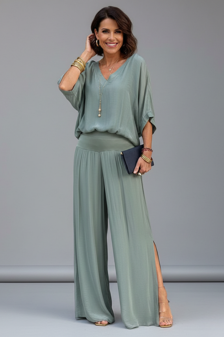 Natalie | Women's Chiffon Two-Piece Wide-Leg Set