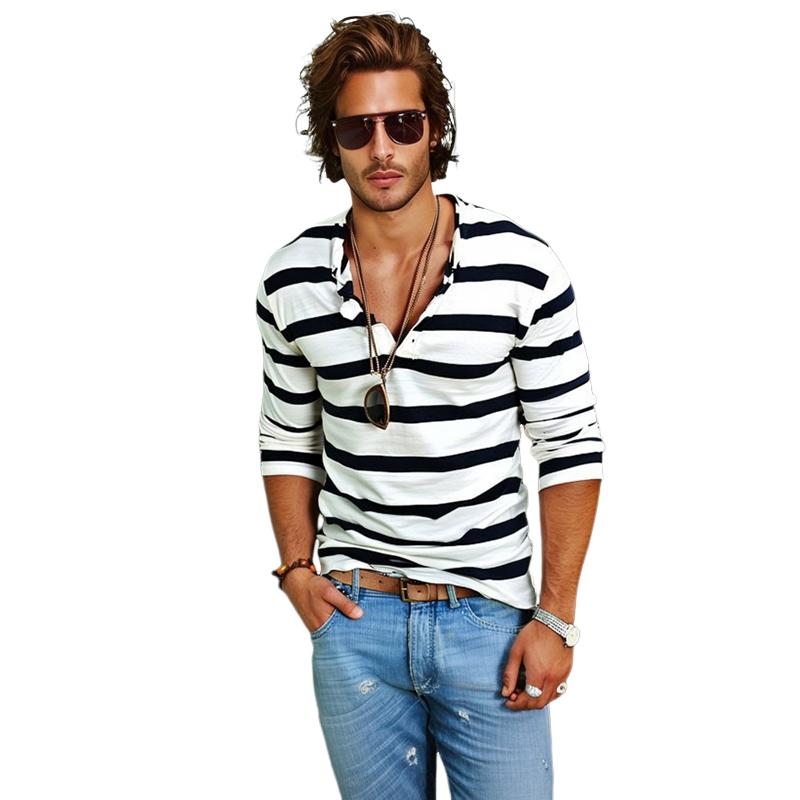 Nate | Men's Long Sleeve Striped Cotton Blend Henley T-Shirt