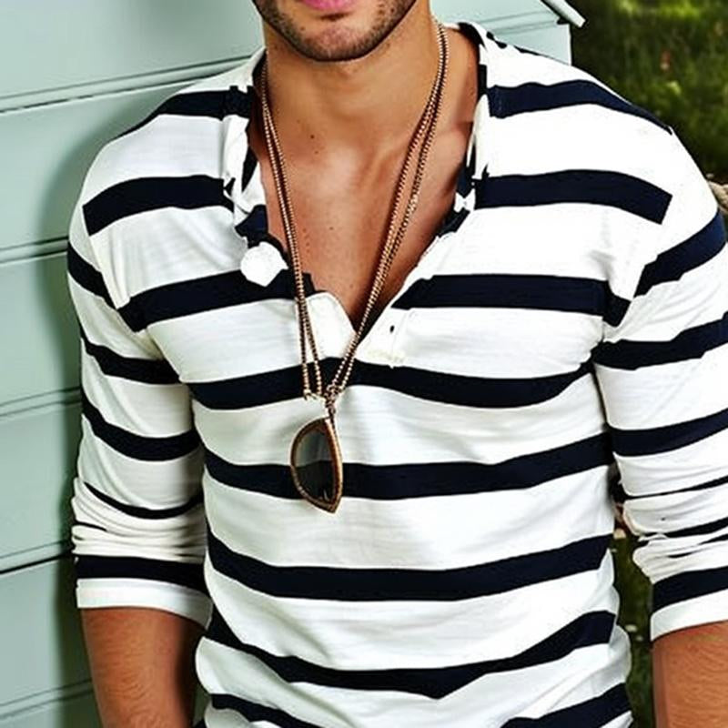 Nate | Men's Long Sleeve Striped Cotton Blend Henley T-Shirt