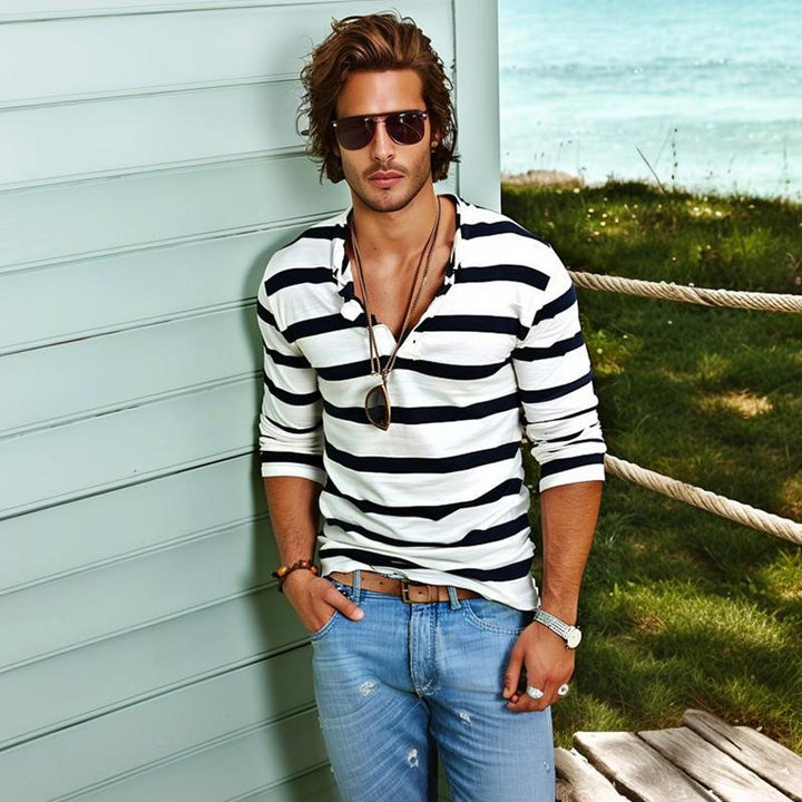 Nate | Men's Long Sleeve Striped Cotton Blend Henley T-Shirt