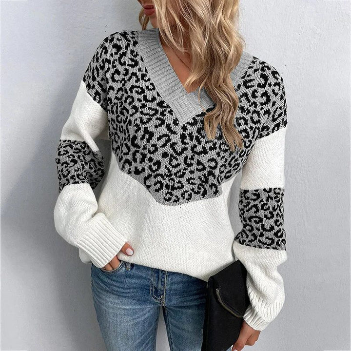 Elvire | Women's Leopard Colourblock V-Neck Sweater