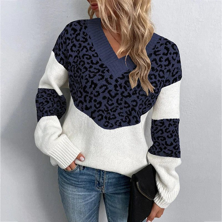 Elvire | Women's Leopard Colourblock V-Neck Sweater