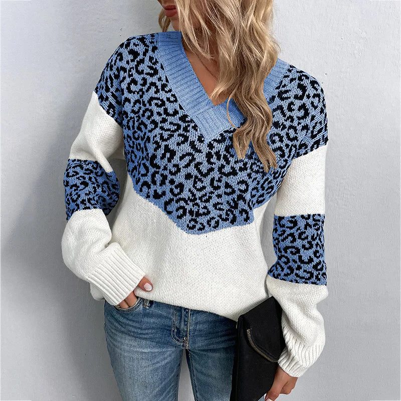 Elvire | Women's Leopard Colourblock V-Neck Sweater