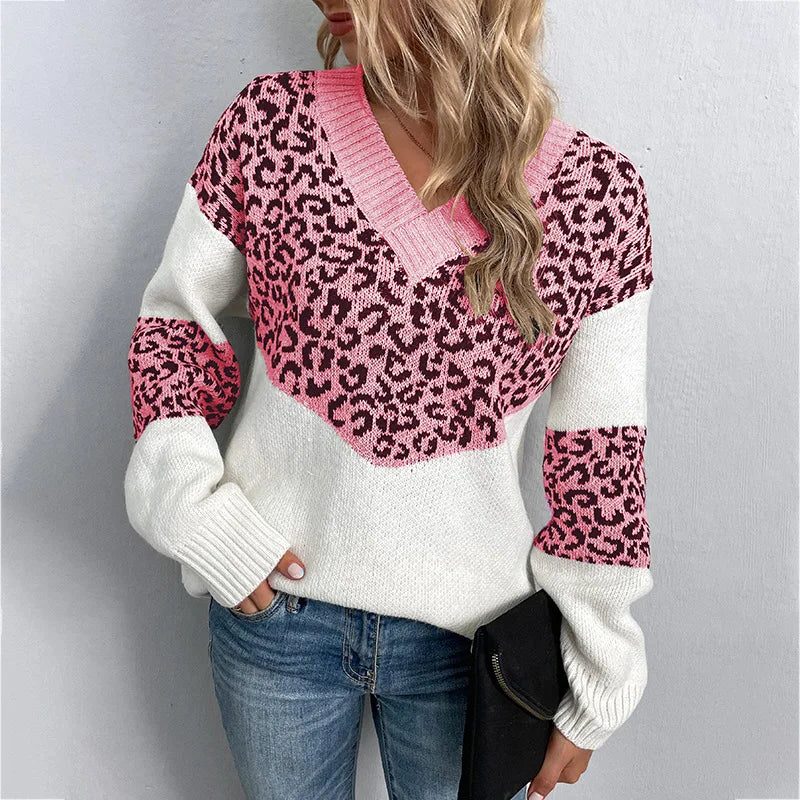 Elvire | Women's Leopard Colourblock V-Neck Sweater