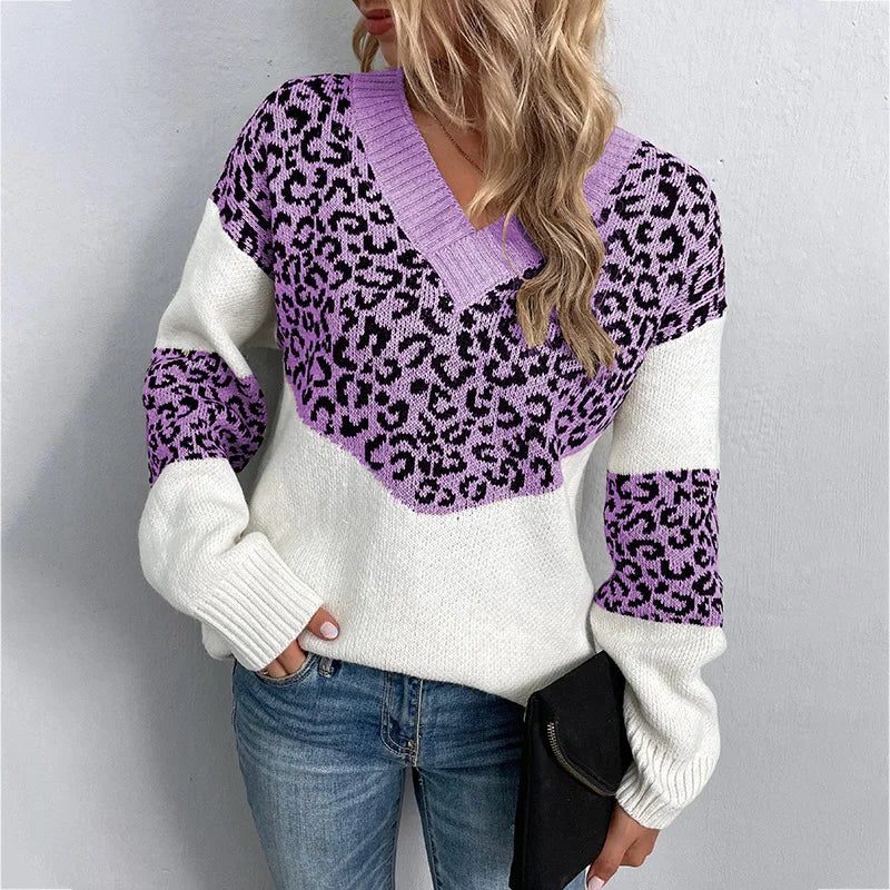 Elvire | Women's Leopard Colourblock V-Neck Sweater