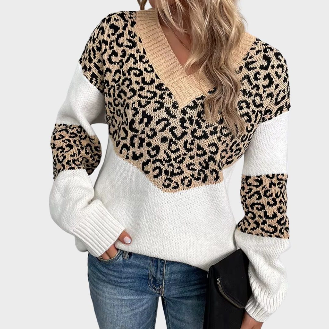 Elvire | Women's Leopard Colourblock V-Neck Sweater