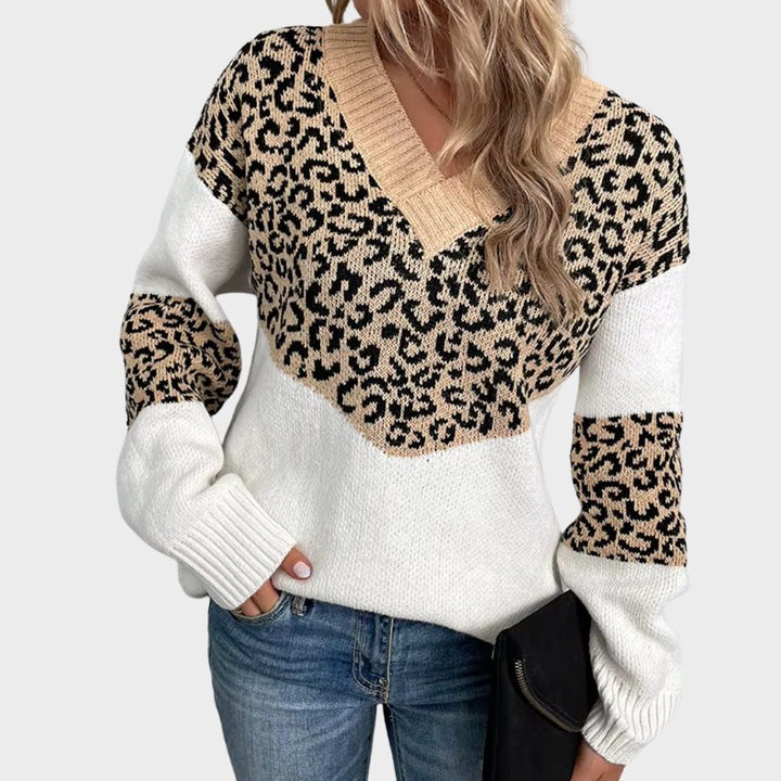 Elvire | Women's Leopard Colourblock V-Neck Sweater