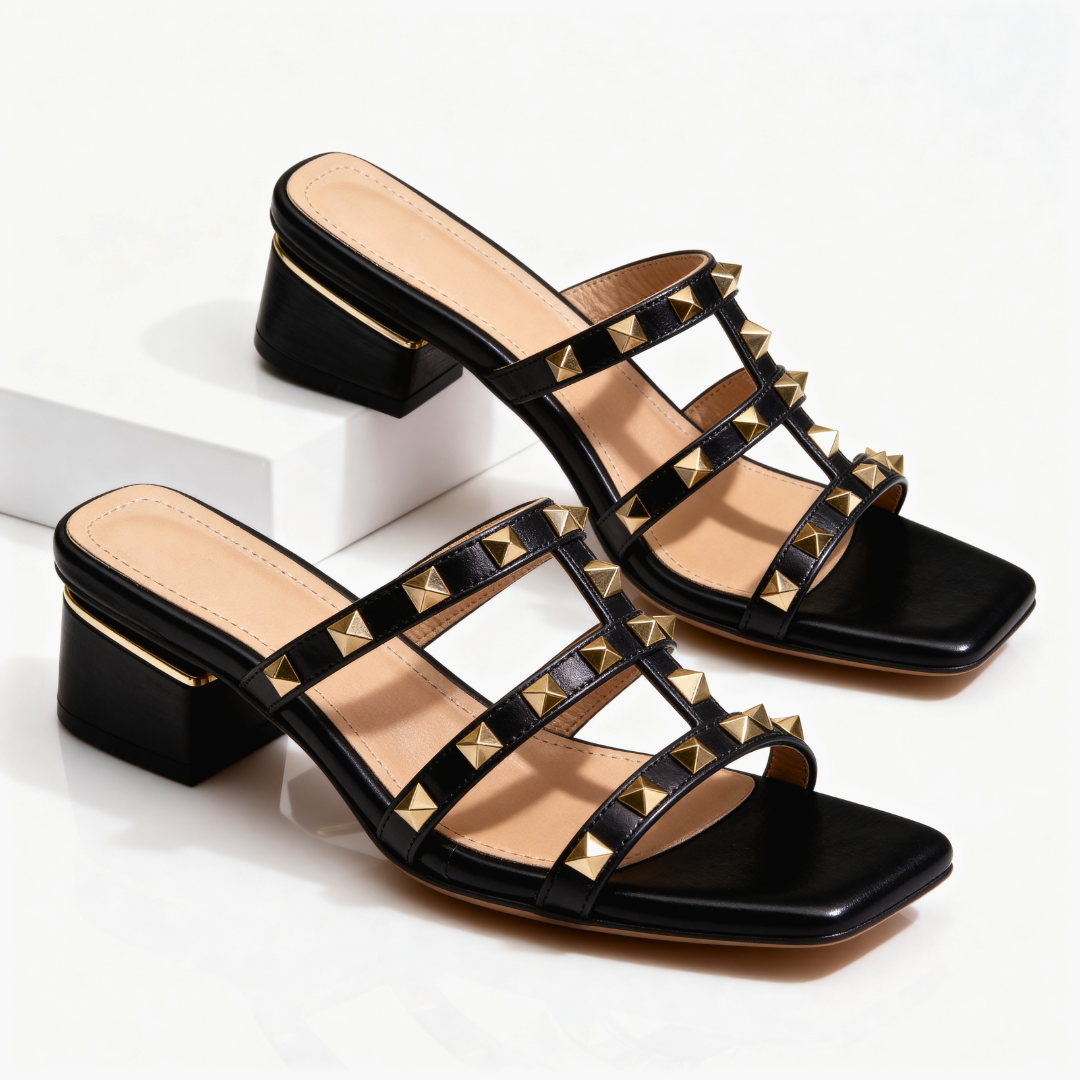 Odette | Women's Studded Square-Toe Leather Mule Sandals