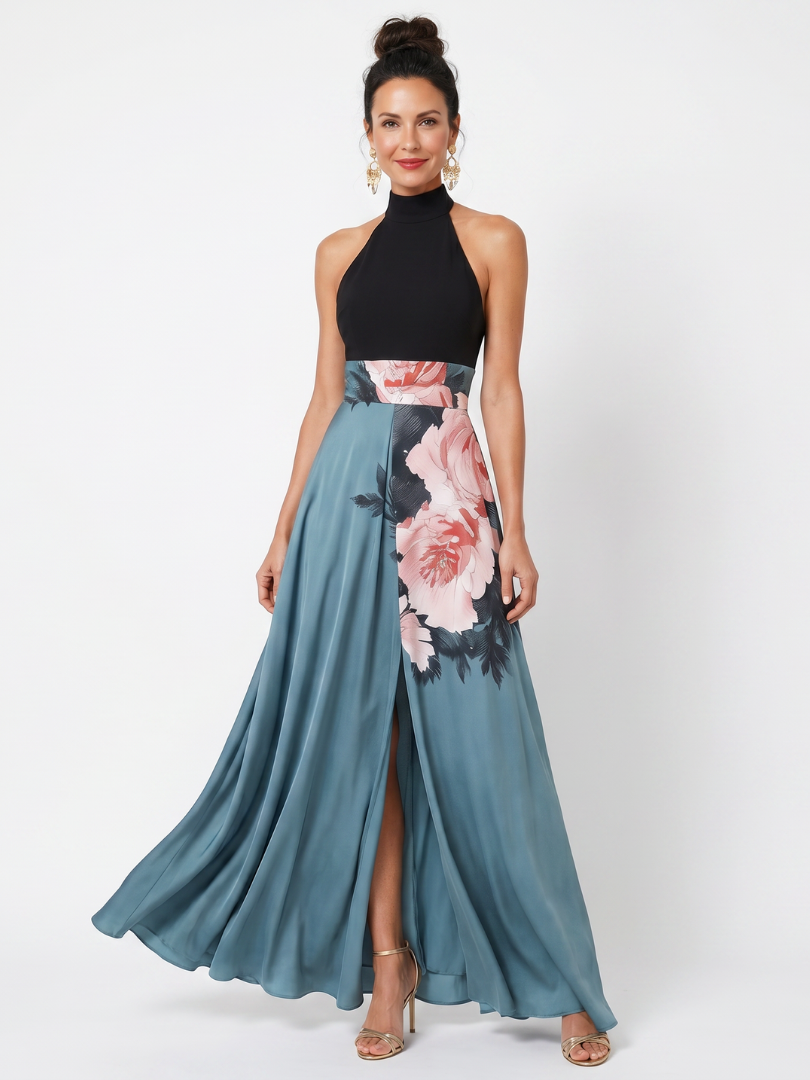 Olivia | Women's Halter Bodice Floral Maxi Dress with Front Slit