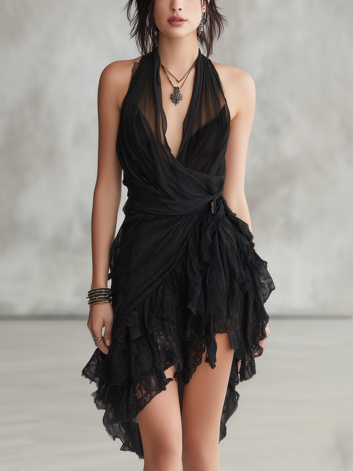 Ophelia | Women's Chiffon Lace Halter Ruffled Mini Dress