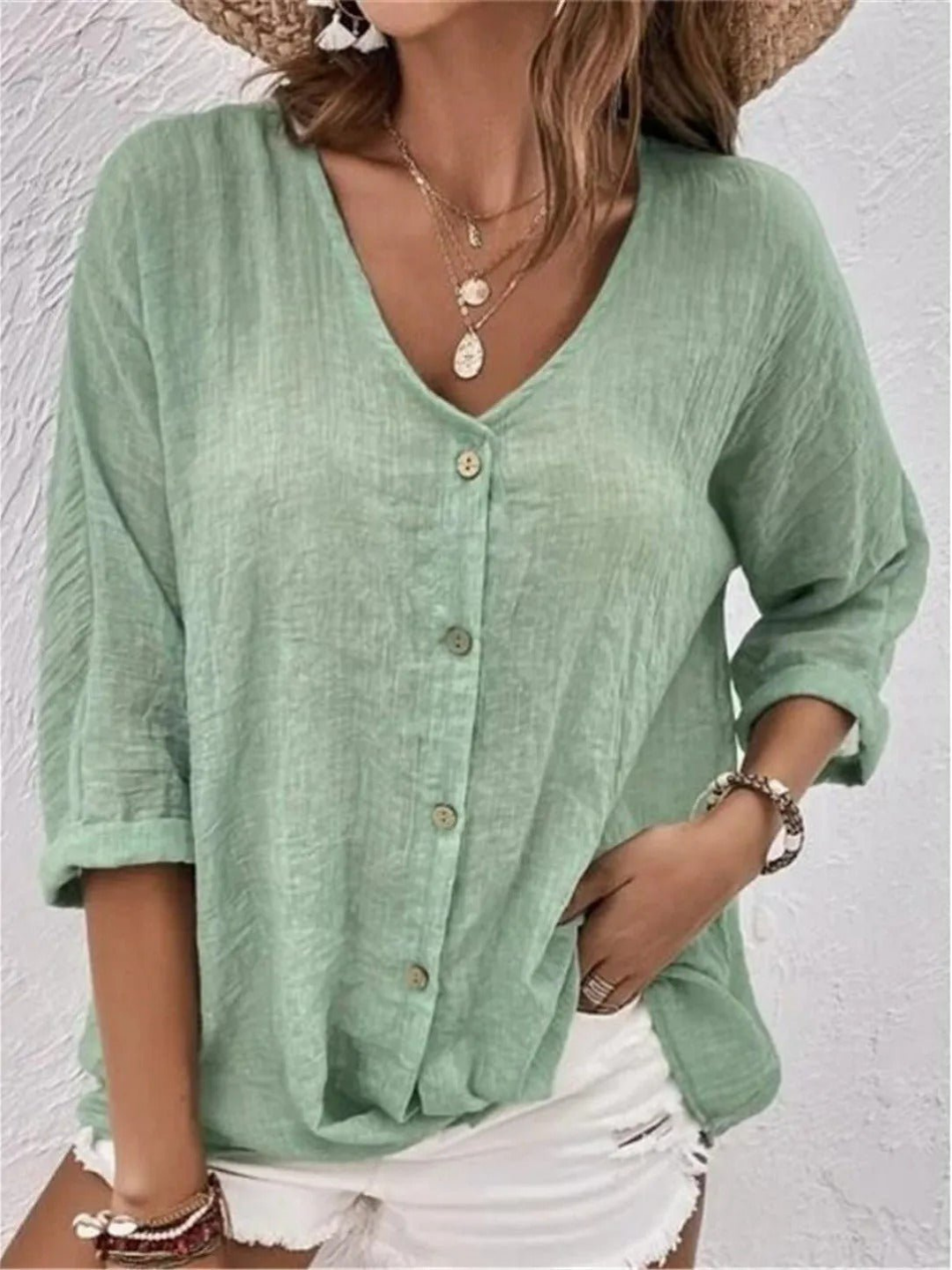 Ottilie | Women's Casual Cotton V-Neck Button-Front Blouse