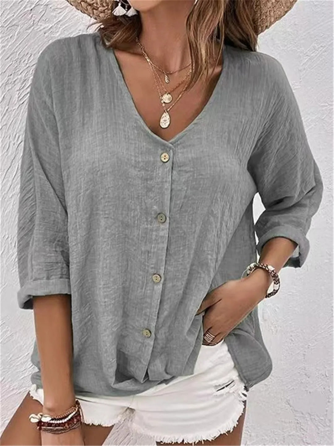 Ottilie | Women's Casual Cotton V-Neck Button-Front Blouse
