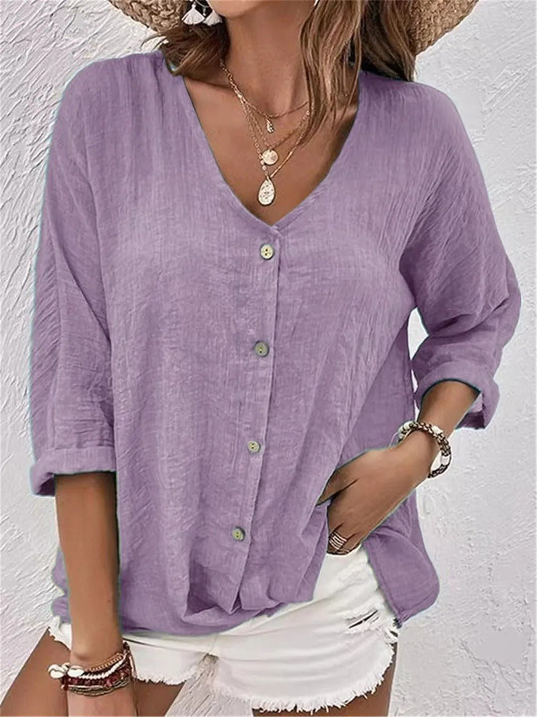 Ottilie | Women's Casual Cotton V-Neck Button-Front Blouse