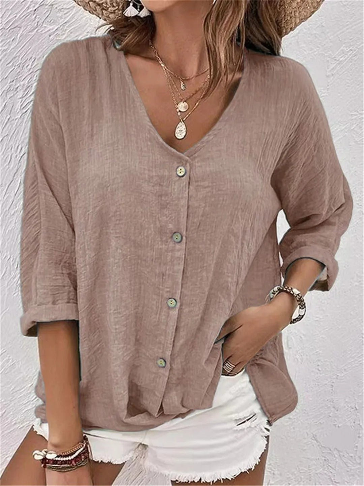 Ottilie | Women's Casual Cotton V-Neck Button-Front Blouse