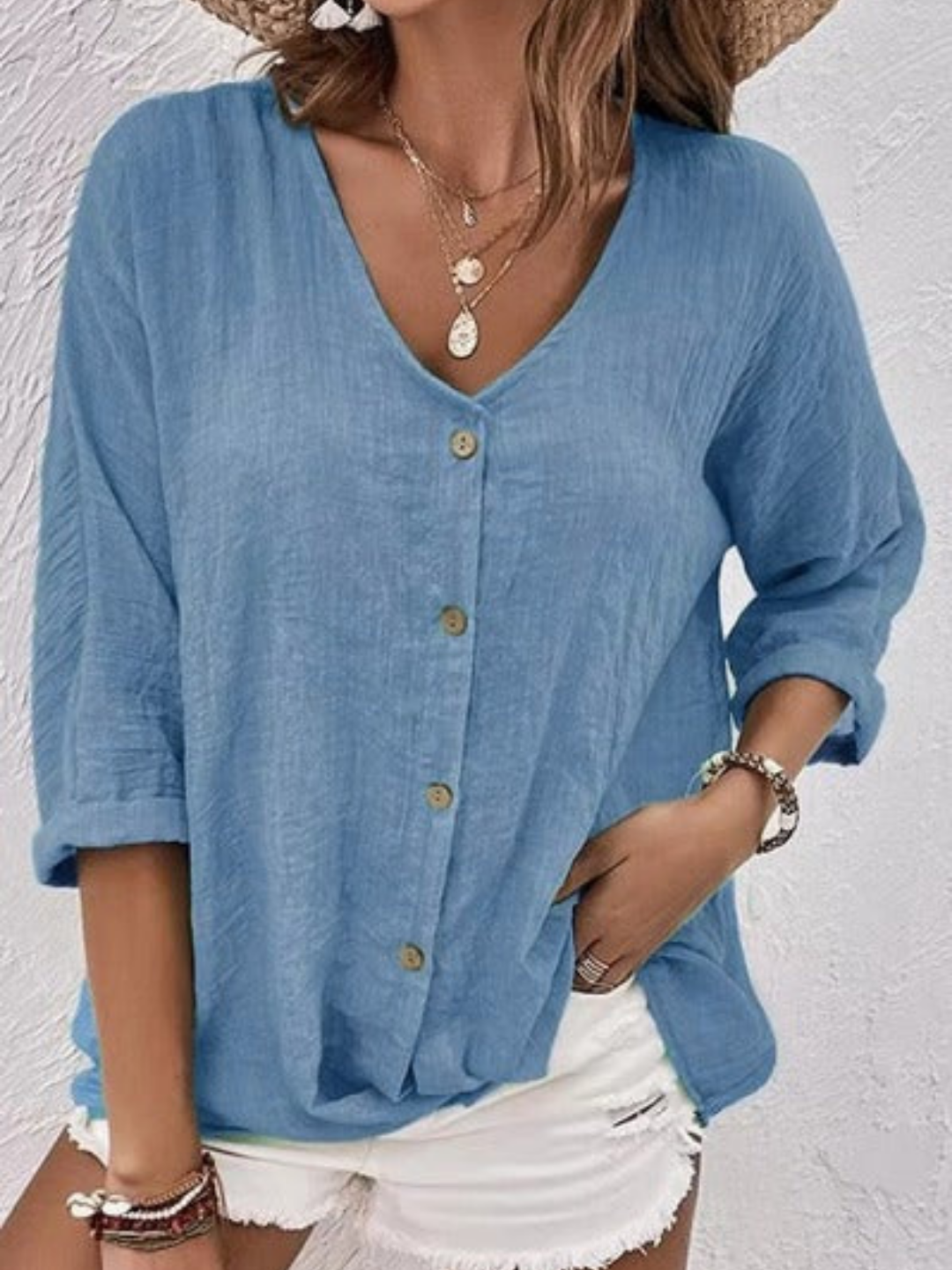 Ottilie | Women's Casual Cotton V-Neck Button-Front Blouse