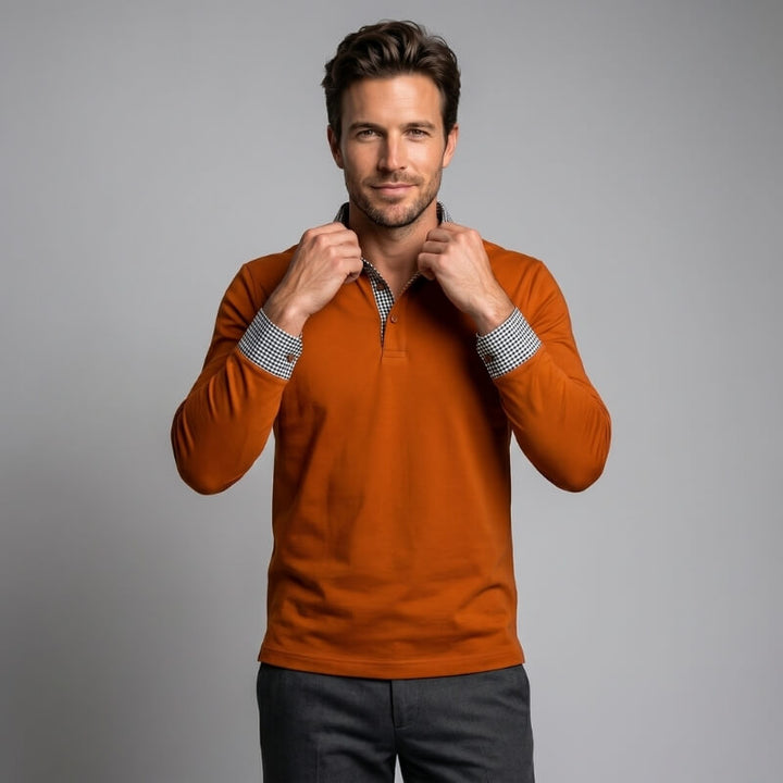 Payen | Men's Check Trim Long Sleeve Polo