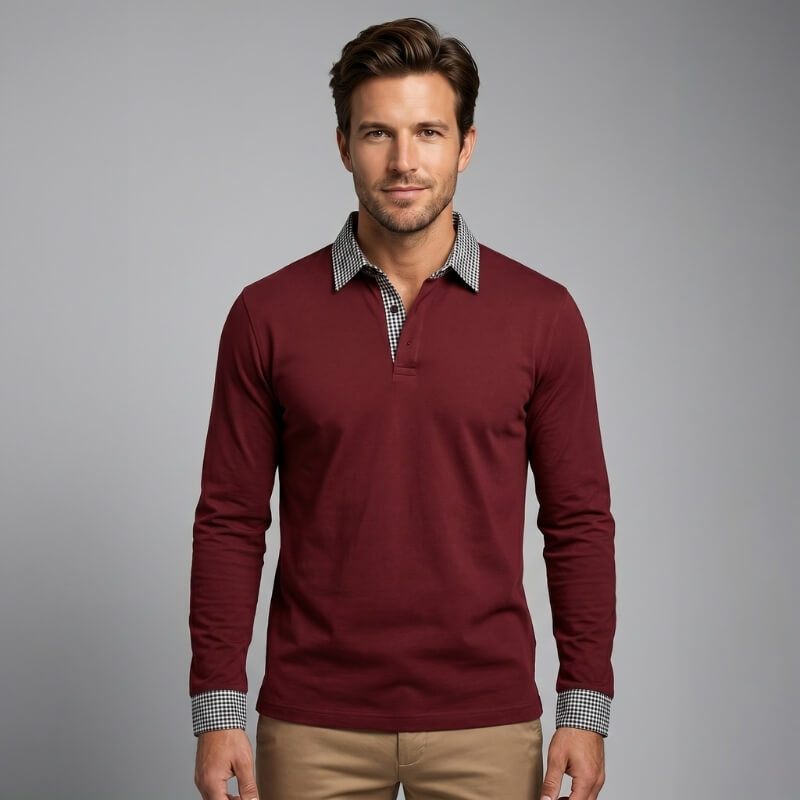 Payen | Men's Check Trim Long Sleeve Polo