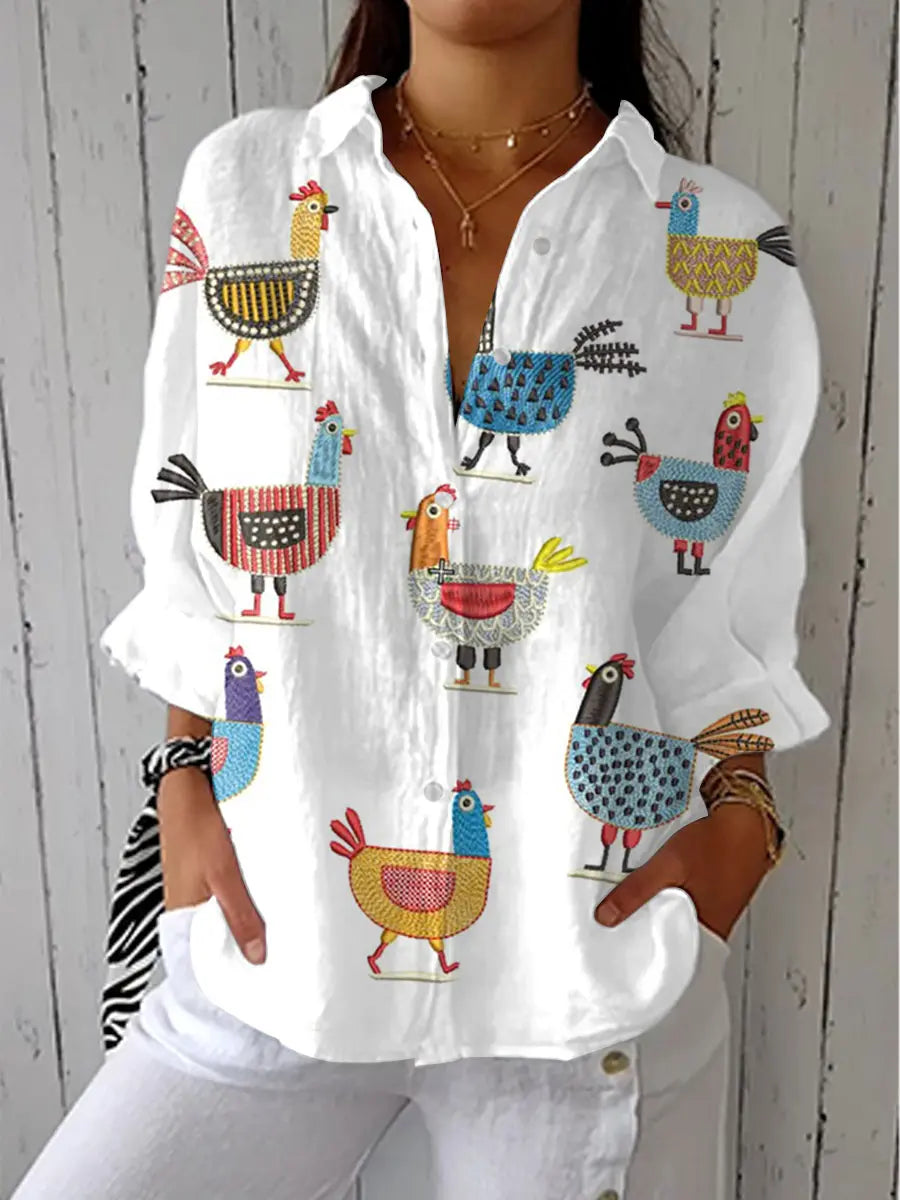 Penelope | Women's Playful Illustrated Hen Print Button-Front Blouse