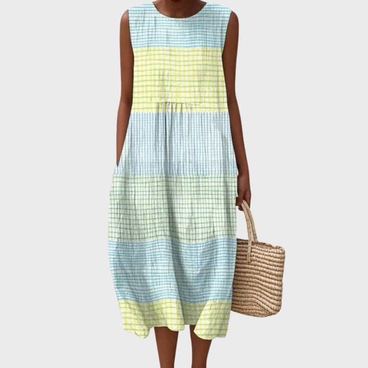 Pippa | Women's Plaid Tiered Sleeveless Linen Midi Dress