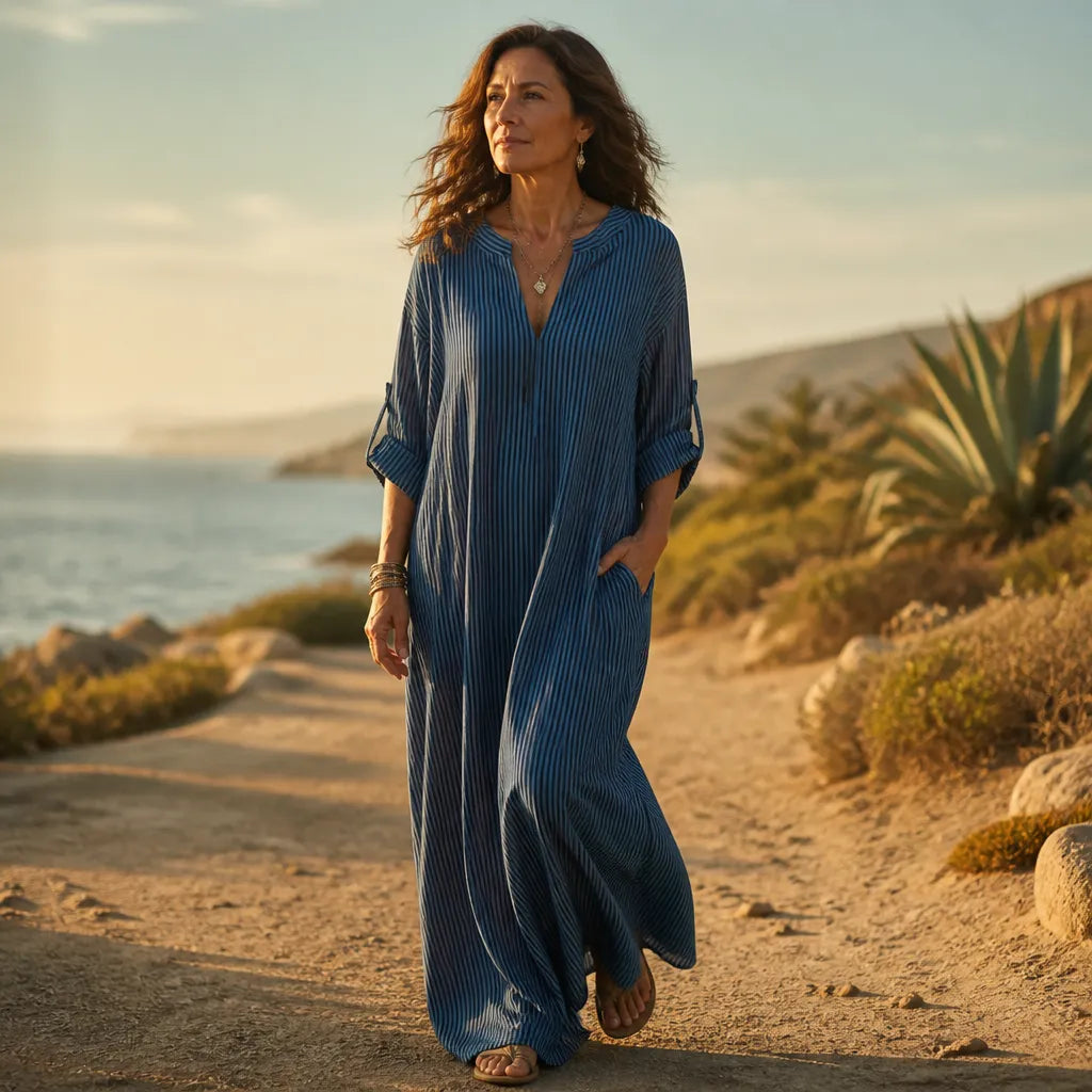 Poncette | Women's Striped V Neck Maxi Dress