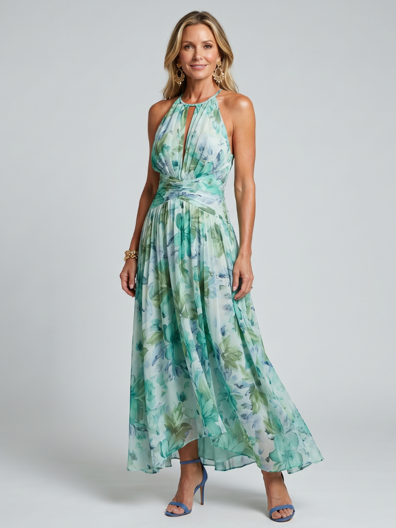 Portia | Women's Pleated Halter Floral Keyhole Midi Dress