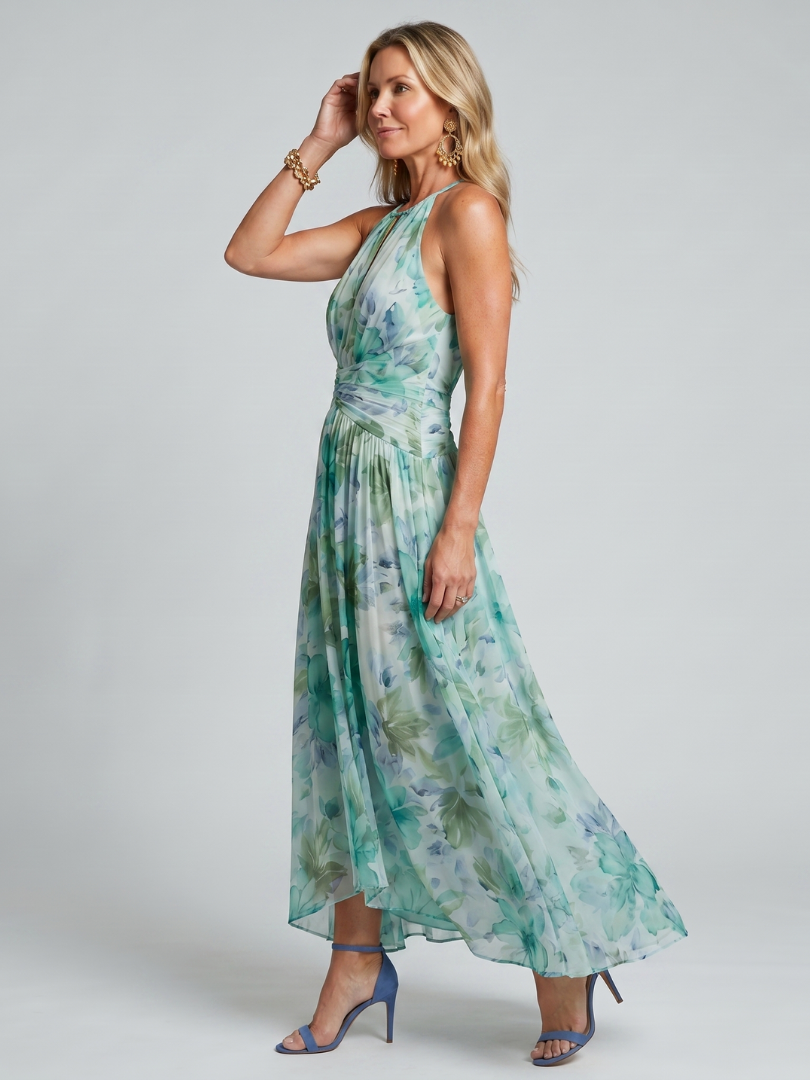 Portia | Women's Pleated Halter Floral Keyhole Midi Dress